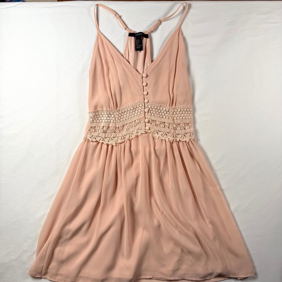 Forever 21 Pink Crochet Trim Mini Dress Spaghetti Strap Summer Casual - Picture 1 of 3